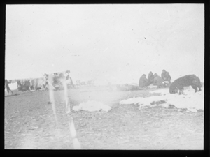 Image of Four men at campsite, furs, meat rack and sledges in background